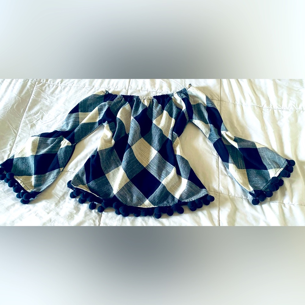 Off-Shoulder Plaid Top with Pom Pom Trim